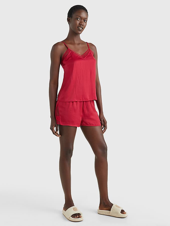 Luxusní saténové pyžamo Tommy Hilfiger UW0UW03848 DITSY LACE | vínová |